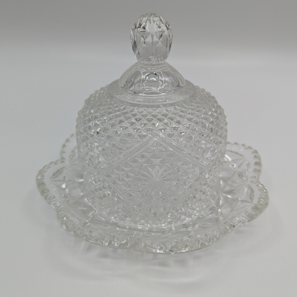 Avon 1876 Cape Cod Clear Pressed Glass Domed Butter Dish Set Diamond Point 6in